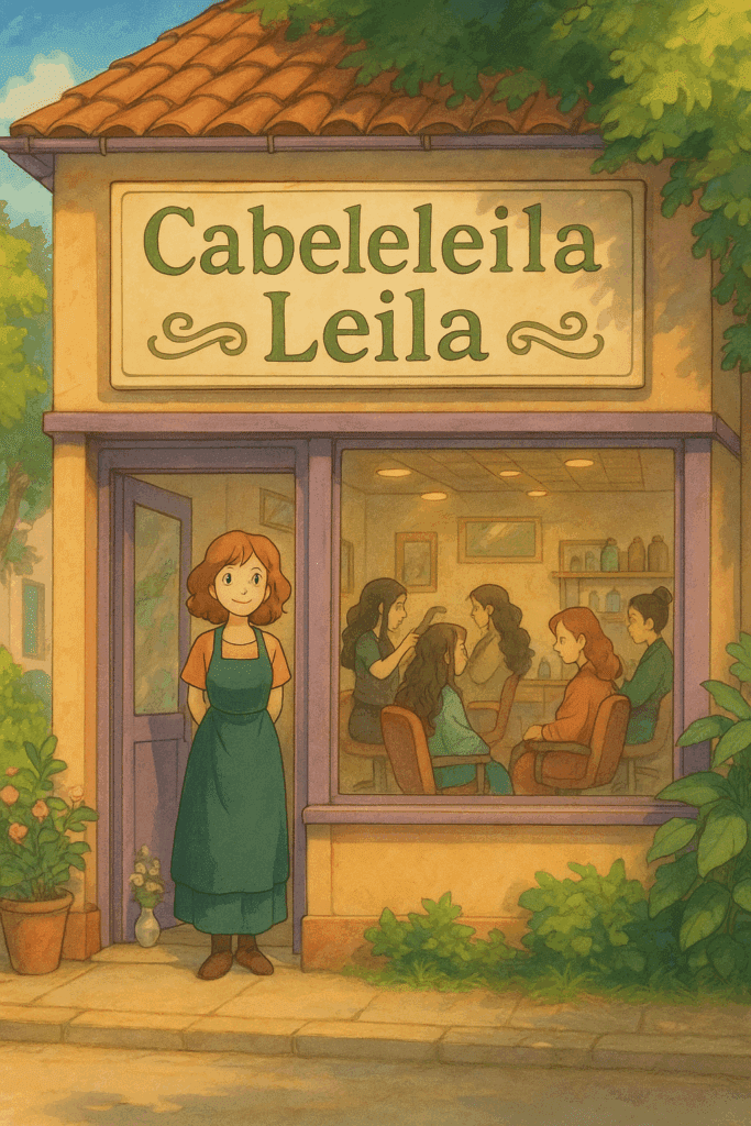 Ilustração em estilo Ghibli do salão Cabeleleila Leila com clientes sendo atendidas