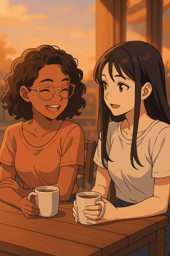 Duas amigas conversando em um café ao pôr do sol, estilo anime